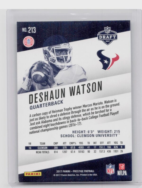 2017 Panini Prestige Deshaun Watson RC #213 Texans - Image 3