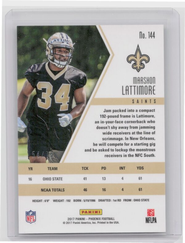 2017 Panini Unparalleled Marshon Lattimore Rookie #144 Saints - Image 3