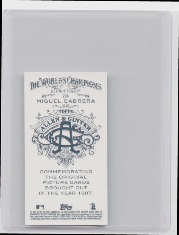 2017 Topps Allen & Ginter Miguel Cabrera Mini A & G Back #294 Tigers - Image 3