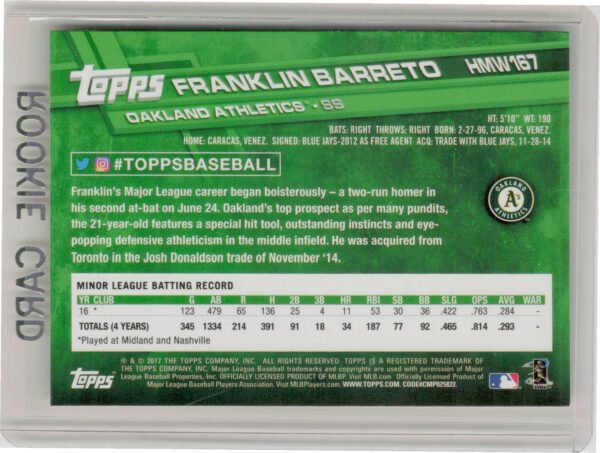 2017 Topps Holiday Franklin Barreto RC #HMW167 Athletics - Image 3