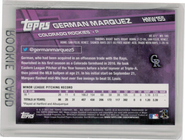 2017 Topps Holiday German Marquez RC #HMW155 Rockies - Image 3