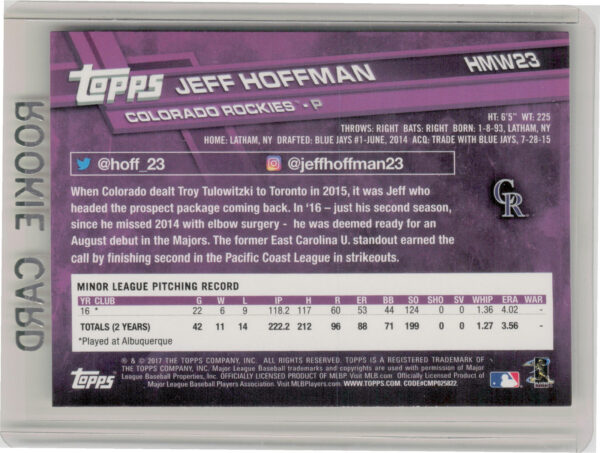 2017 Topps Holiday Jeff Hoffman RC #HMW23 Rockies - Image 3