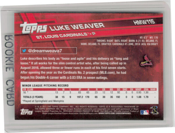 2017 Topps Holiday Luke Weaver RC #HMW115 Cardinals - Image 3
