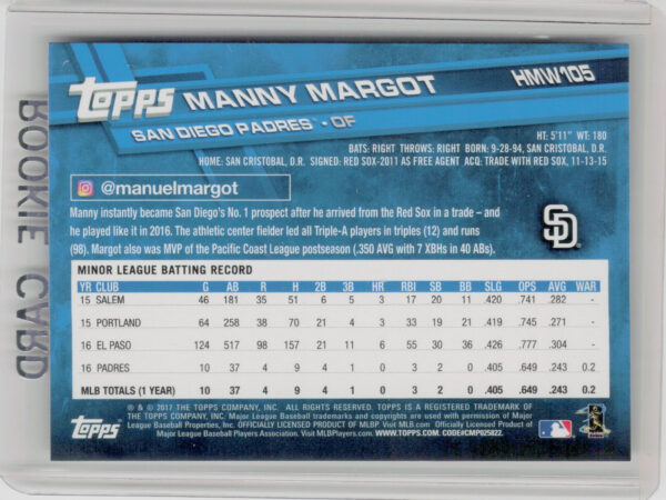 2017 Topps Holiday Manny Margot RC #HMW105 Padres - Image 3