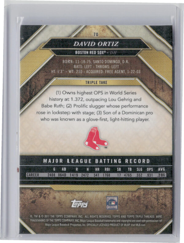2017 Topps Triple Threads David Ortiz Amethyst SN340 #70 Sox - Image 3