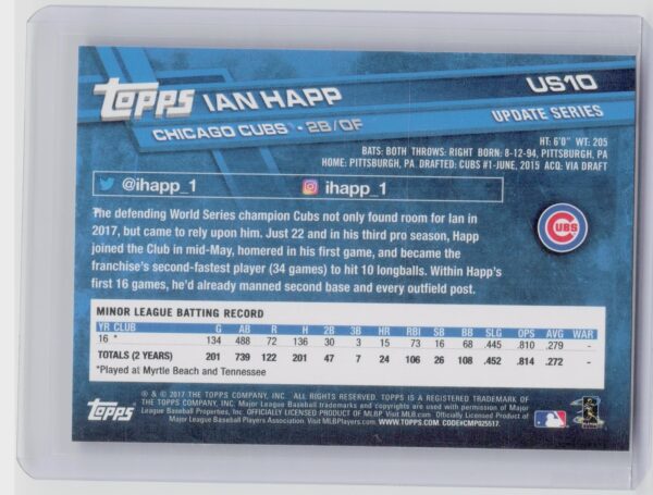 2017 Topps Update Ian Happ RC #US10 Cubs - Image 3