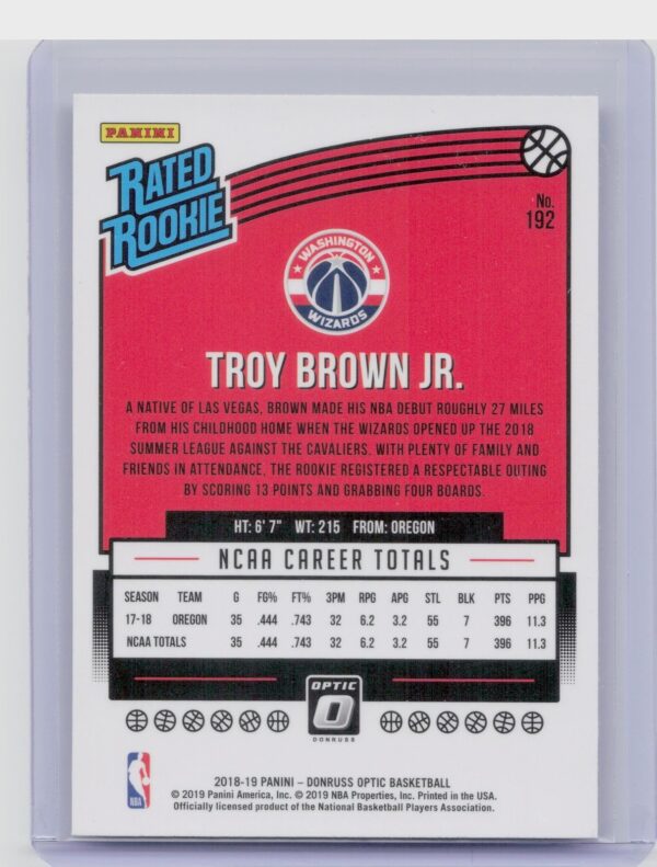 2018-19 Donruss Optic Troy Brown Jr. RC #192 Wizards - Image 3