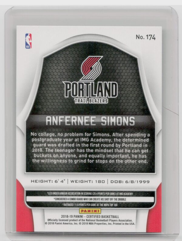 2018-19 Panini Certified Anfernee Simons RC #174 Blazers - Image 3