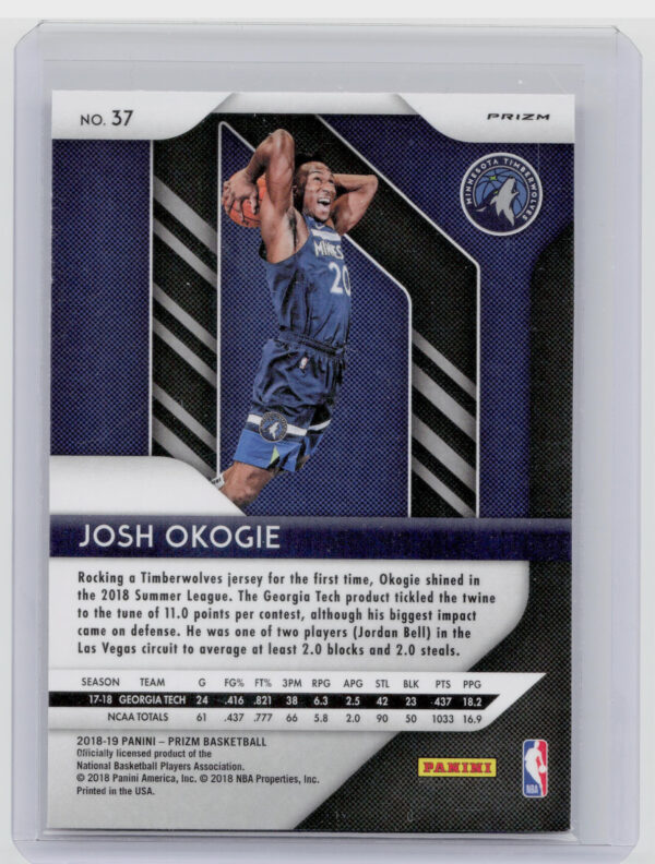 2018-19 Panini Prizm Josh Okogie Prizms Pink Ice #37 Timberwolves - Image 3