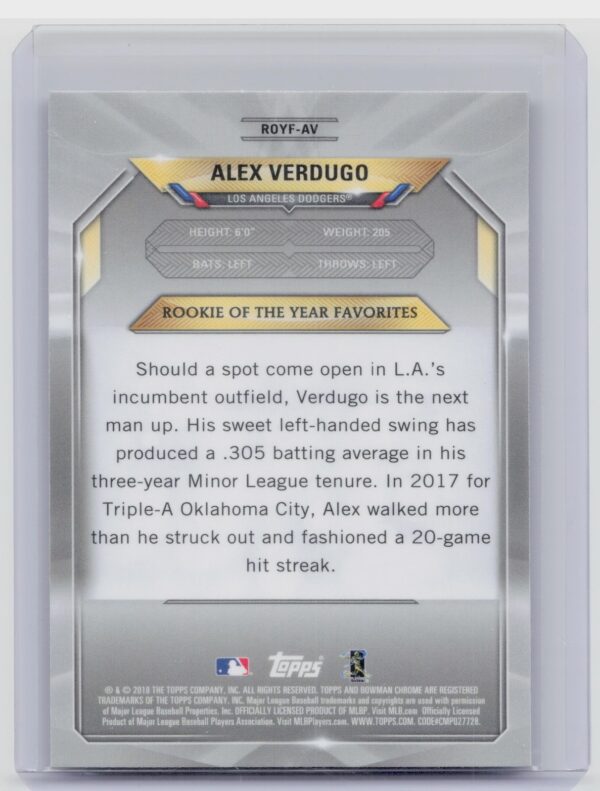 2018 Bowman Alex Verdugo #ROYF-AV Dodgers Chrome Rookie of the Year - Image 3