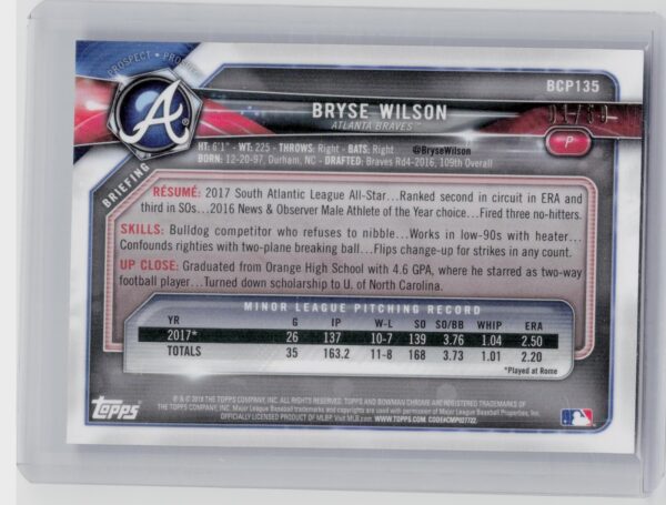 2018 Bowman Bryse Wilson /50 #BCP135 Braves Chrome Prospects Mojo Refractor Gold - Image 3