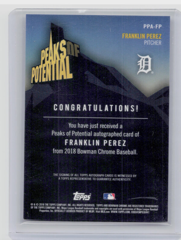 2018 Bowman Chrome Franklin Perez AU SN99 #PPA-FP Tigers Peaks of Potential Auto - Image 3