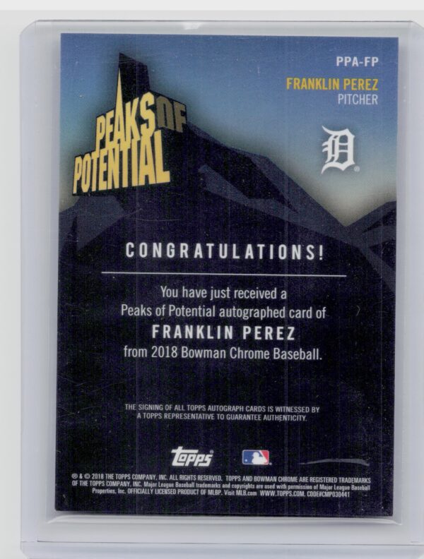 2018 Bowman Chrome Franklin Perez AU SN99 #PPA-FP Tigers Peaks of Potential Auto - Image 3