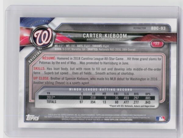 2018 Bowman Draft Carter Kieboom Chrome Refractors #BDC-93 Nationals - Image 3