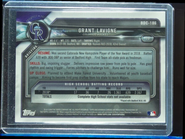 2018 Bowman Draft Grant Lavigne Chrome Purple Refractor SN250 #BDC-186 Rockies - Image 3