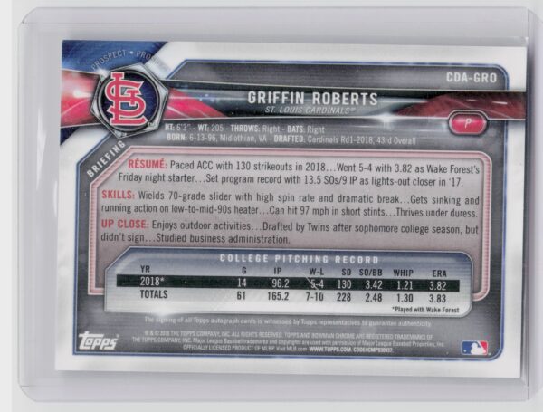 2018 Bowman Draft Griffin Roberts AU #CDA-GRO Cardinals Chrome Draft Pick Autogr - Image 3