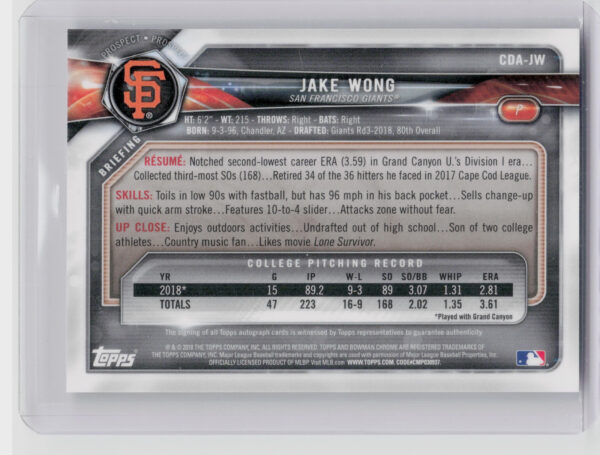 2018 Bowman Draft Jake Wong AU #CDA-JW Giants Chrome Draft Pick Autographs - Image 3