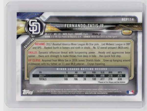 2018 Bowman Fernando Tatis Jr. #BCP114 Padres Chrome Prospects Mojo Refractor - Image 3