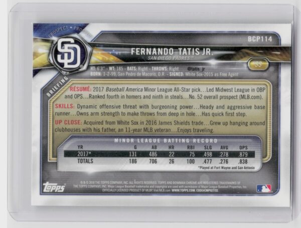 2018 Bowman Fernando Tatis Jr. #BCP114 Padres Chrome Prospects Mojo Refractor - Image 3