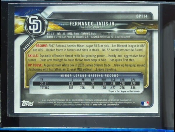 2018 Bowman Fernando Tatis Jr. #BP114 Padres Prospects - Image 3