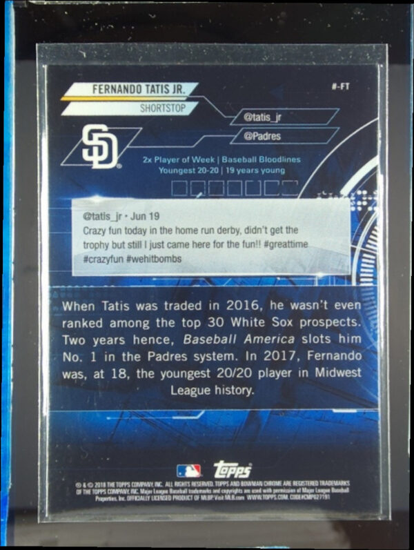 2018 Bowman Fernando Tatis Jr. ##-FT Padres Chrome #BowmanTrending - Image 3