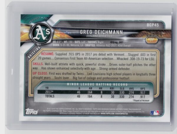 2018 Bowman Greg Deichmann SN50 #BCP45 Athletics Chrome Prospects Mojo Refractor - Image 3