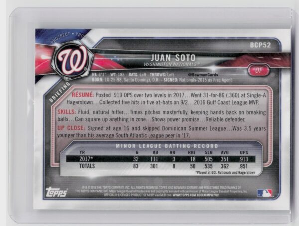 2018 Bowman Juan Soto #BCP52 Nationals Chrome Prospects Mojo Refractor - Image 3