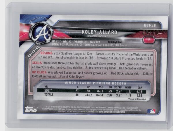 2018 Bowman Kolby Allard SN50 #BCP28 Braves Chrome Prospects Mojo Refractor Gold - Image 3
