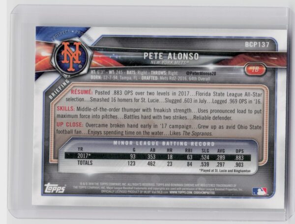 2018 Bowman Pete Alonso #BCP137 Mets Chrome Prospects Mojo Refractor - Image 3