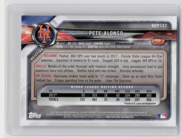 2018 Bowman Pete Alonso #BCP137 Mets Chrome Prospects Mojo Refractor - Image 3