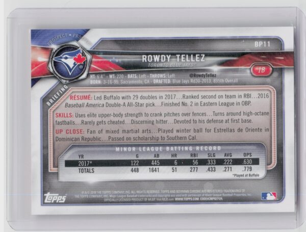 2018 Bowman Rowdy Tellez /25 #BP11 Jays Prospects Orange - Image 3