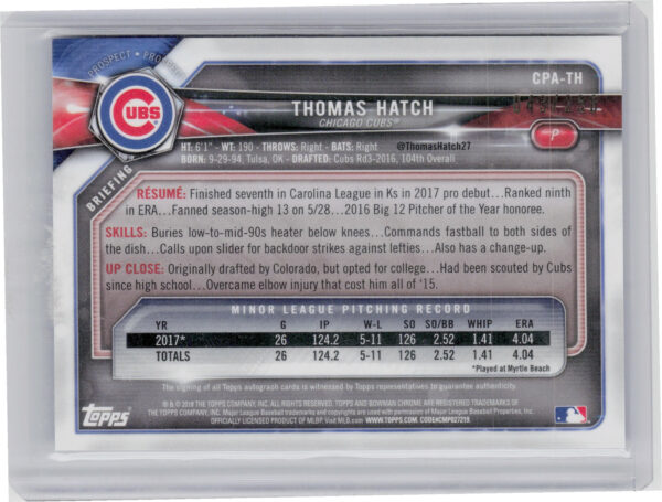 2018 Bowman Thomas Hatch AU SN250 #CPA-TH Cubs Chrome Prospect Autographs Purple - Image 3