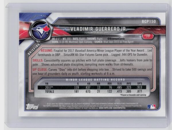 2018 Bowman Vladimir Guerrero Jr. #BCP150 Jays Chrome Prospects Mojo Refractor - Image 3