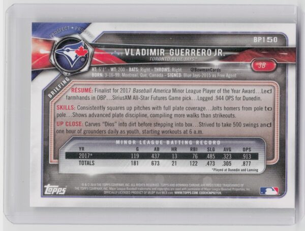 2018 Bowman Vladimir Guerrero Jr. #BP150 Jays Prospects - Image 3