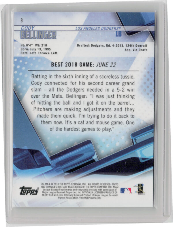 2018 Bowman's Best Cody Bellinger Blue SN150 #8 Dodgers - Image 3