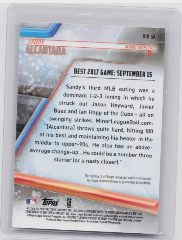 2018 Bowman's Best Sandy Alcantara AU #B18-SA Marlins Best of 2018 Autographs - Image 3