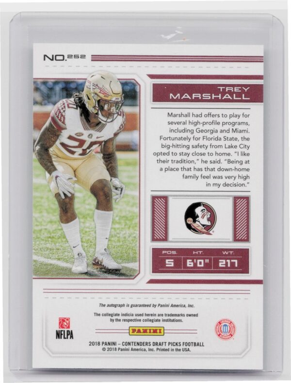 2018 Contenders Draft Picks Trey Marshall Auto #252 Seminoles - Image 3
