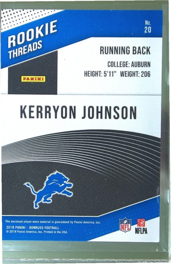 2018 Donruss Kerryon Johnson JSY RC #20 Lions Rookie Threads Red - Image 3