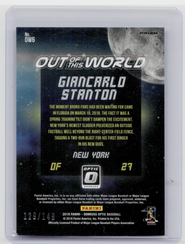 2018 Donruss Optic Giancarlo Stanton SN149 #OW6 Yankees Out of This World Blue - Image 3