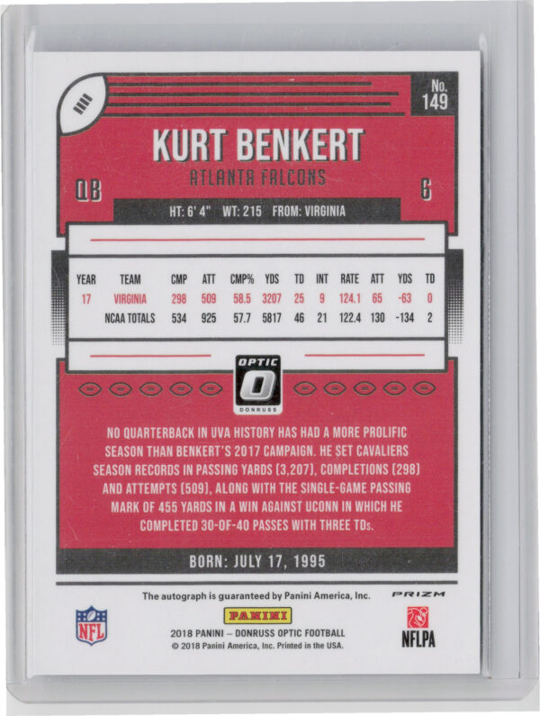 2018 Donruss Optic Kurt Benkert AU #149 Falcons Rookies Autographs Bronze - Image 3