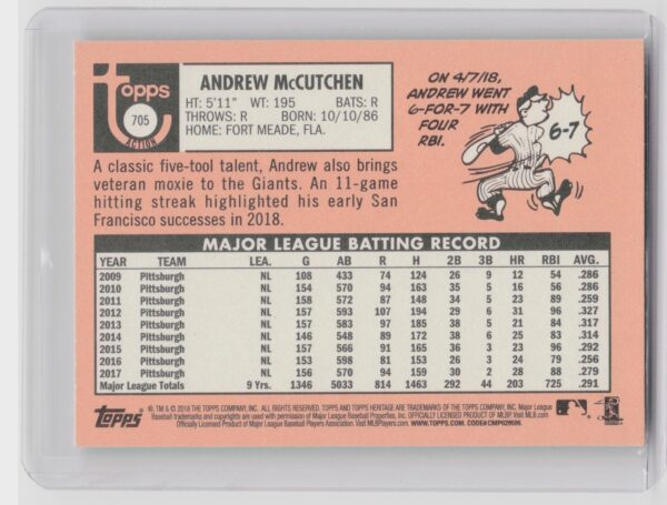 2018 Heritage Andrew McCutchen SP VAR #705 Giants - Image 3