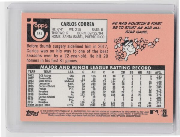 2018 Heritage Carlos Correa SP VAR #381 Astros - Image 3