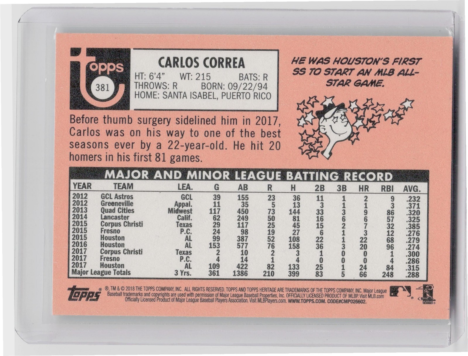 2018 Heritage Carlos Correa SP VAR #381 Astros - Image 3