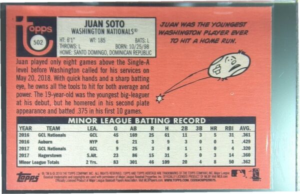 2018 Heritage Juan Soto RC #502 Nationals - Image 3