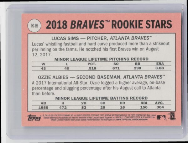 2018 Heritage Ozzie Albies / Lucas Sims Chrome Purple Refractor #THC-331 Braves - Image 3
