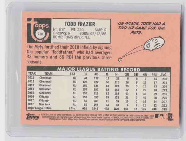2018 Heritage Todd Frazier SP VAR #718 Mets - Image 3