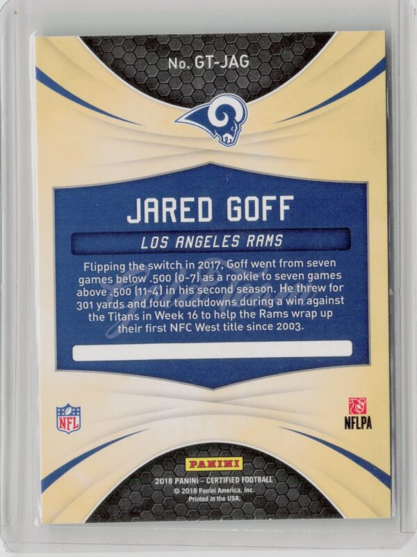 2018 Panini Certified Jared Goff #GT-JAG Rams Gold Team - Image 3