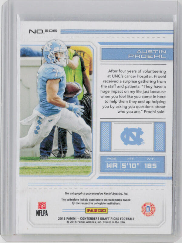 2018 Panini Contenders Draft Picks Austin Proehl AU #205 Heels - Image 3