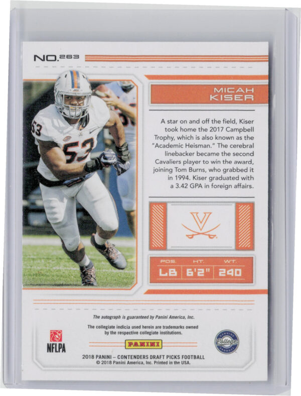2018 Panini Contenders Draft Picks Micah Kiser AU #263 Cavaliers - Image 3