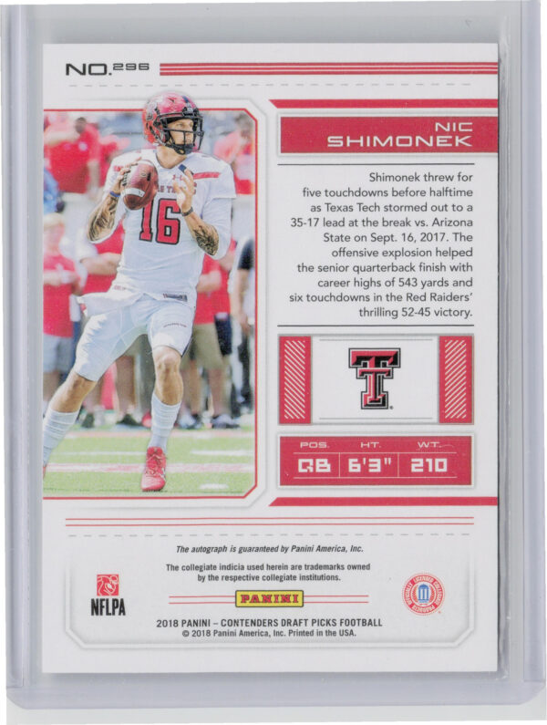 2018 Panini Contenders Draft Picks Nic Shimonek AU #296 Raiders - Image 3